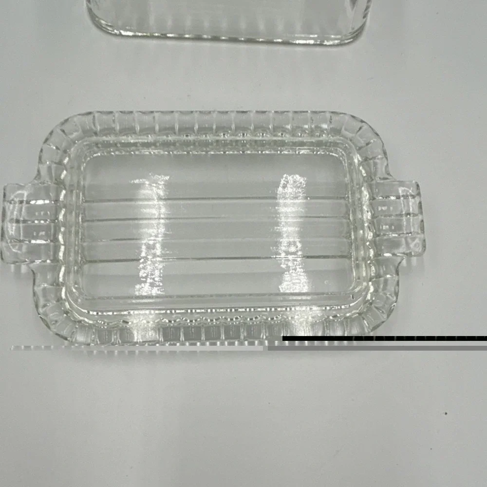 Clear Glass Rectangular Covered Butter Dish with Lid Geometric Ribbed Design